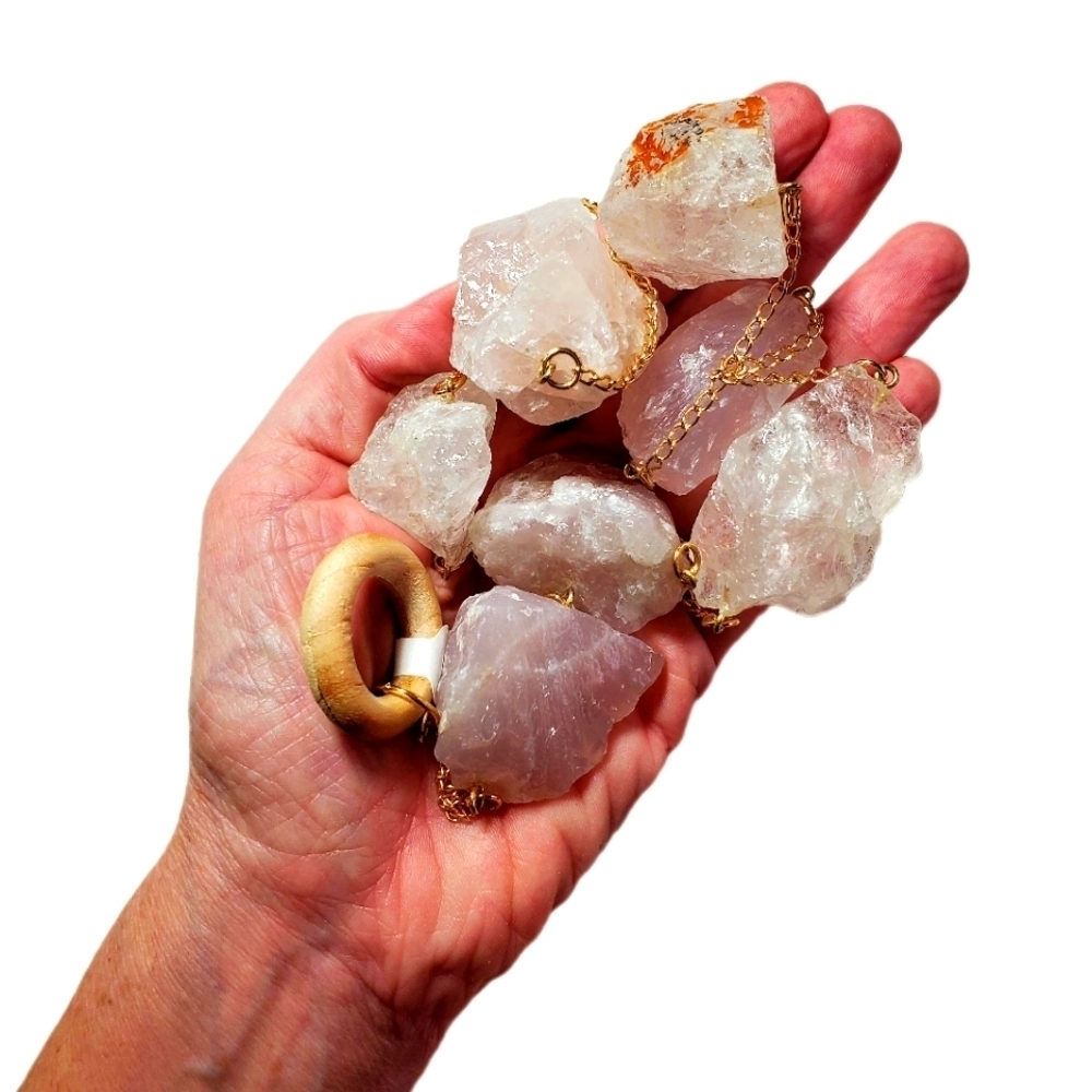 Crystal Wall Hanging Lg Raw Rose Quartz Crystal Metal Chain Hanging Decor NEW - Picture 12 of 12